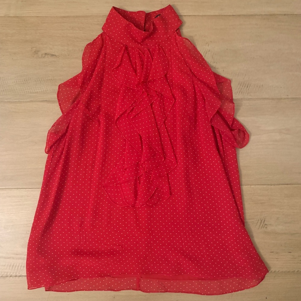 Sleeveless Red Blouse with White Polka Dots